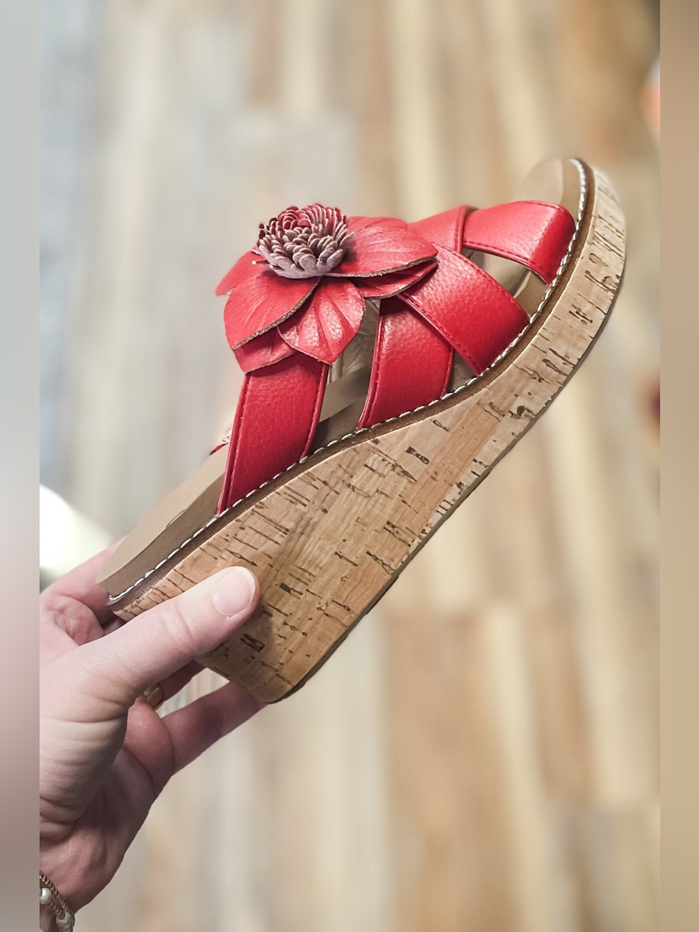 Corkys Footwear Heartbreaker Red Floral Embellishment Criss Cross Slide Wedge